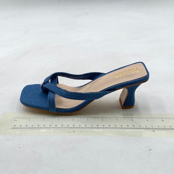 Pazzion Denim Blue Open Square Toe Kitten Heel Flip Flop Sandals Slip On Slipper - Picture 2 of 8